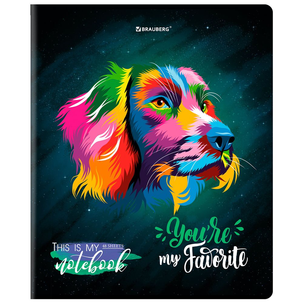 Тетрадь А5, 48 л., BRAUBERG, скоба, клетка, матовая ламинация, выборочный лак, "Animals Pop-Art" (микс в спайке)