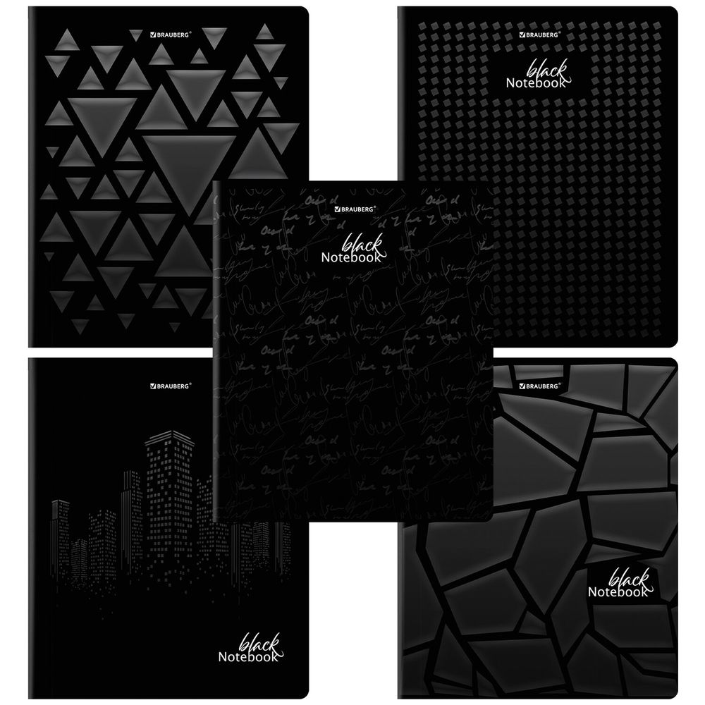 Тетрадь А5, 48 л., BRAUBERG, скоба, клетка, матовая ламинация, выборочный лак, "Black" (микс в спайке)