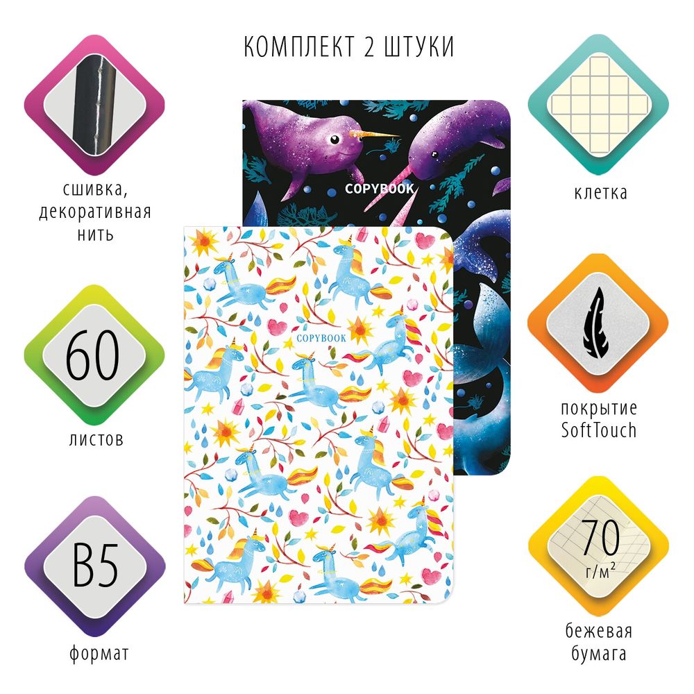 Тетради 60 л. в клетку обложка SoftTouch, НАБОР 2 шт., бежевая бумага 70 г/м2, сшивка, B5 (179х250 мм), FANTASY, BRAUBERG