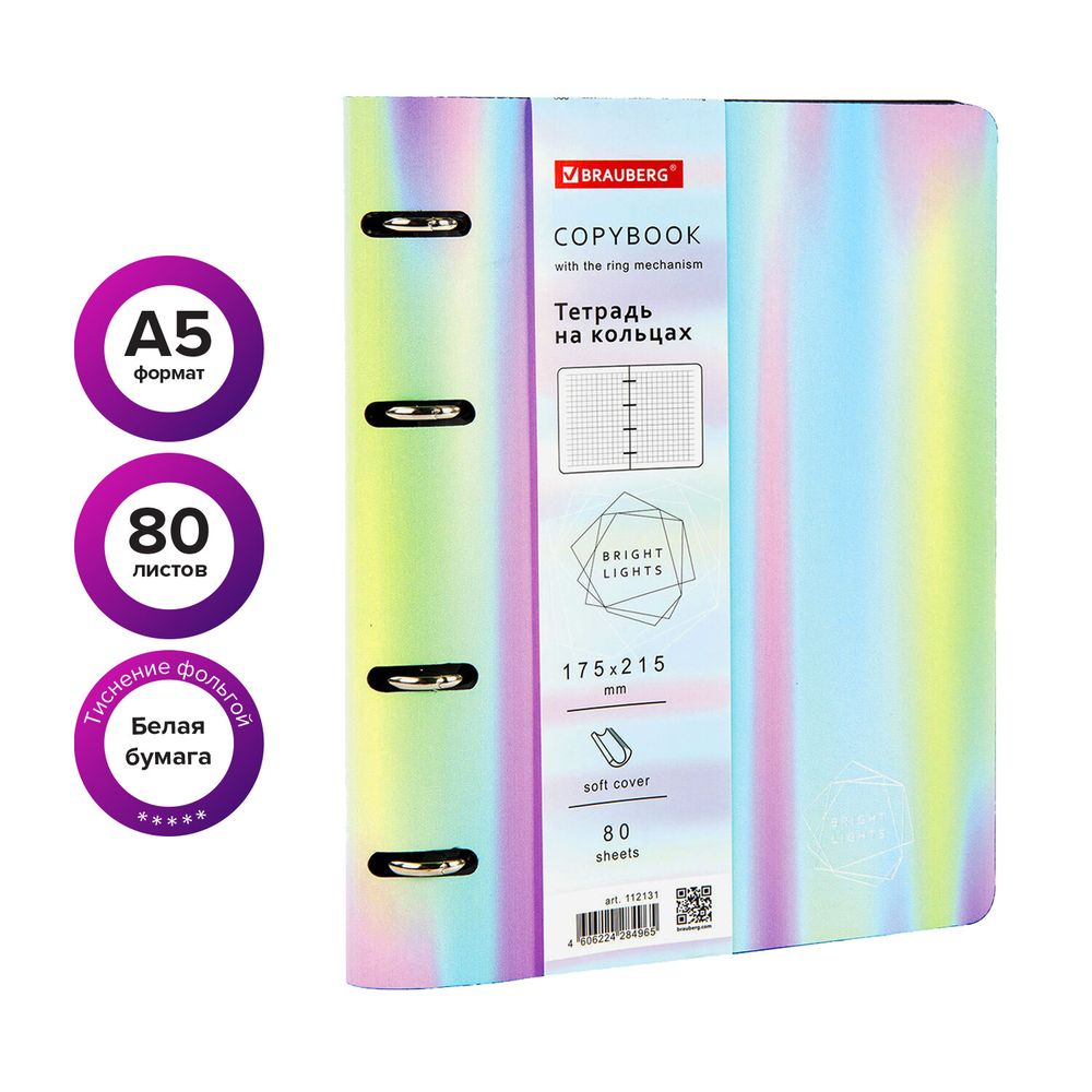 Тетрадь на кольцах А5 (180х220 мм), 80 листов, под кожу, клетка, тиснение фольгой, BRAUBERG VISTA, Gradient