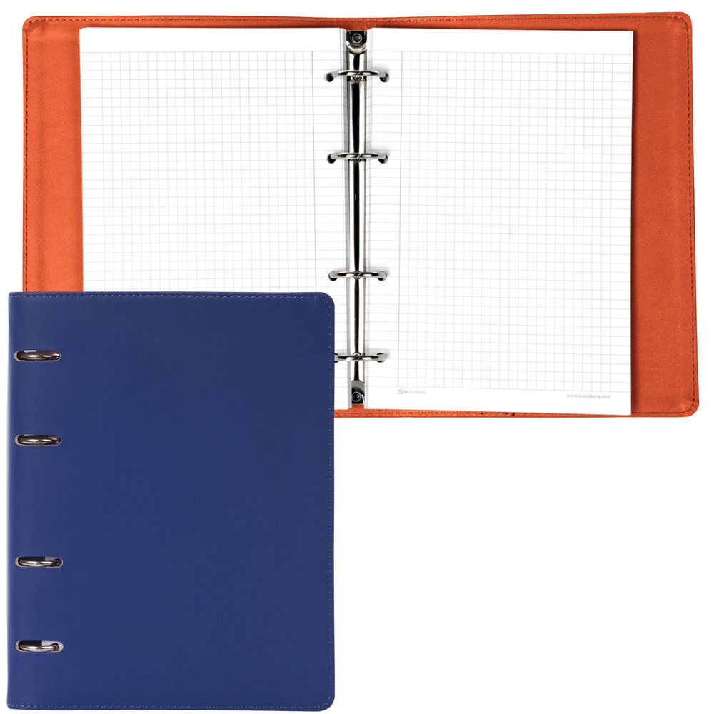 Тетрадь на кольцах А5 (180х220 мм), 120 листов, под кожу, клетка, BRAUBERG "Fusion", синий/оранжевый