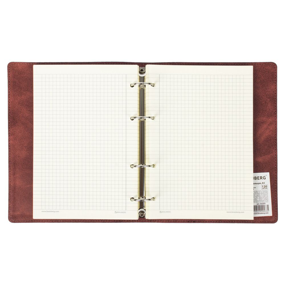 Тетрадь на кольцах А5 (180х220 мм), 120 листов, под кожу, клетка, BRAUBERG "Main", коричневый