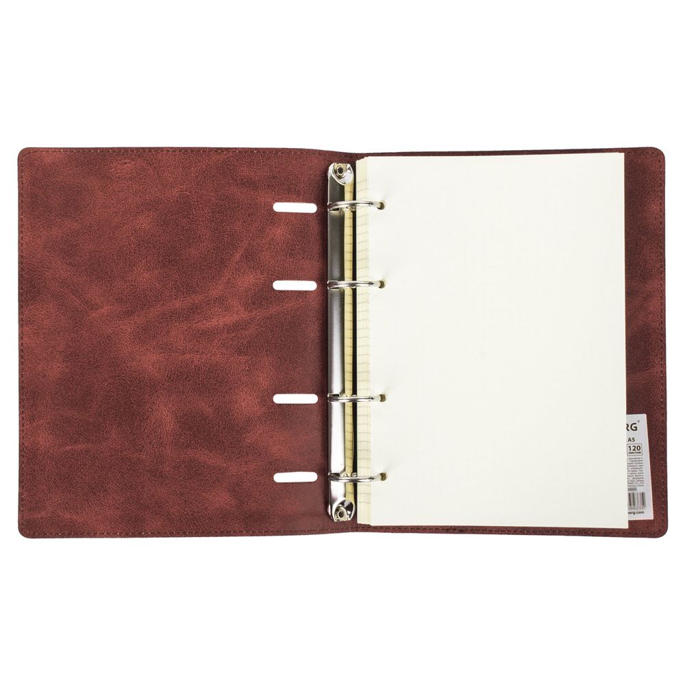 Тетрадь на кольцах А5 (180х220 мм), 120 листов, под кожу, клетка, BRAUBERG "Main", коричневый