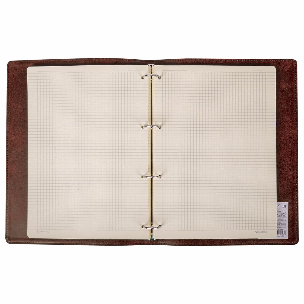 Тетрадь на кольцах БОЛЬШАЯ А4 (240х310 мм), 120 листов, под кожу, клетка, BRAUBERG "Main", коричневый