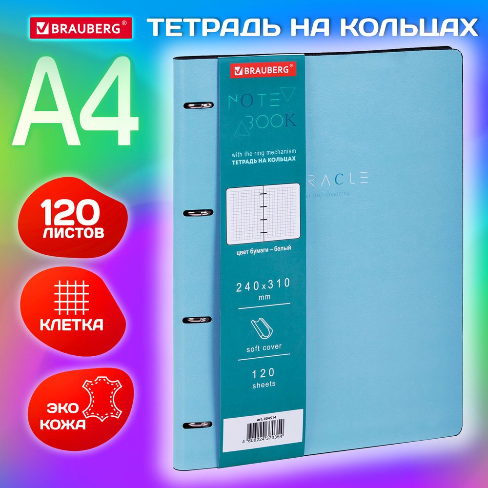Тетрадь на кольцах БОЛЬШАЯ А4 (240х310 мм), 120 л., под кожу, BRAUBERG VISTA, "Пастельная"