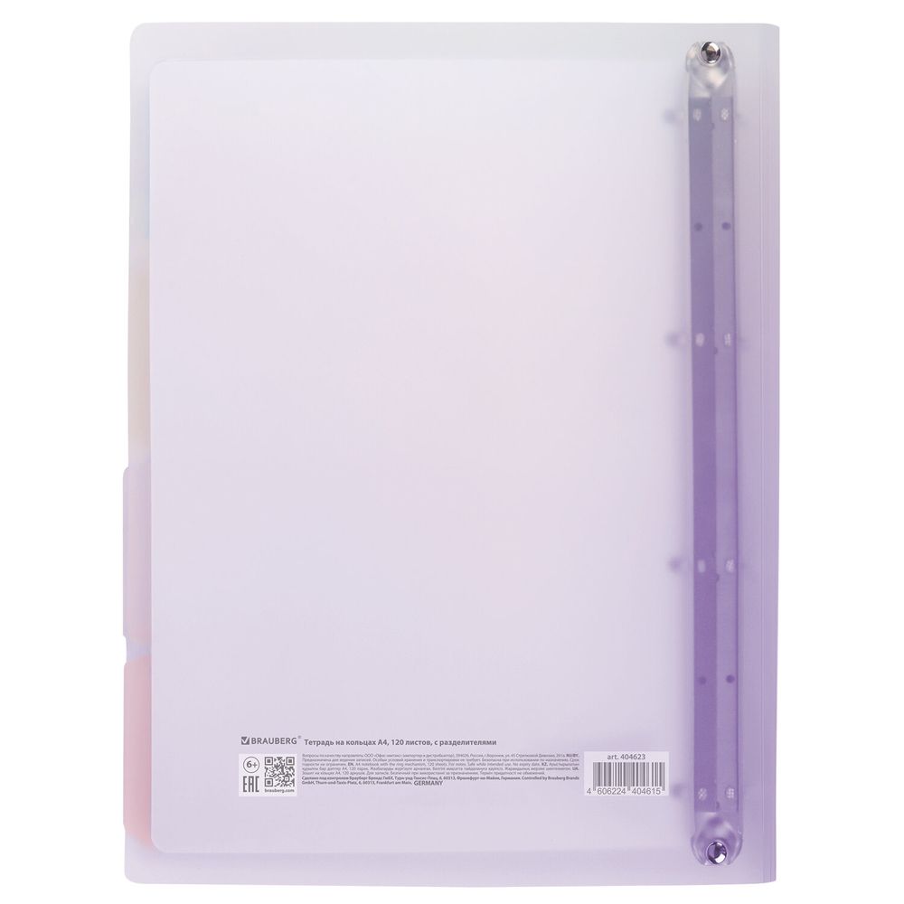 Тетрадь на кольцах БОЛЬШАЯ 305х235 мм А4, 120 л., пластик, с разделителями, BRAUBERG, Фиолетовый