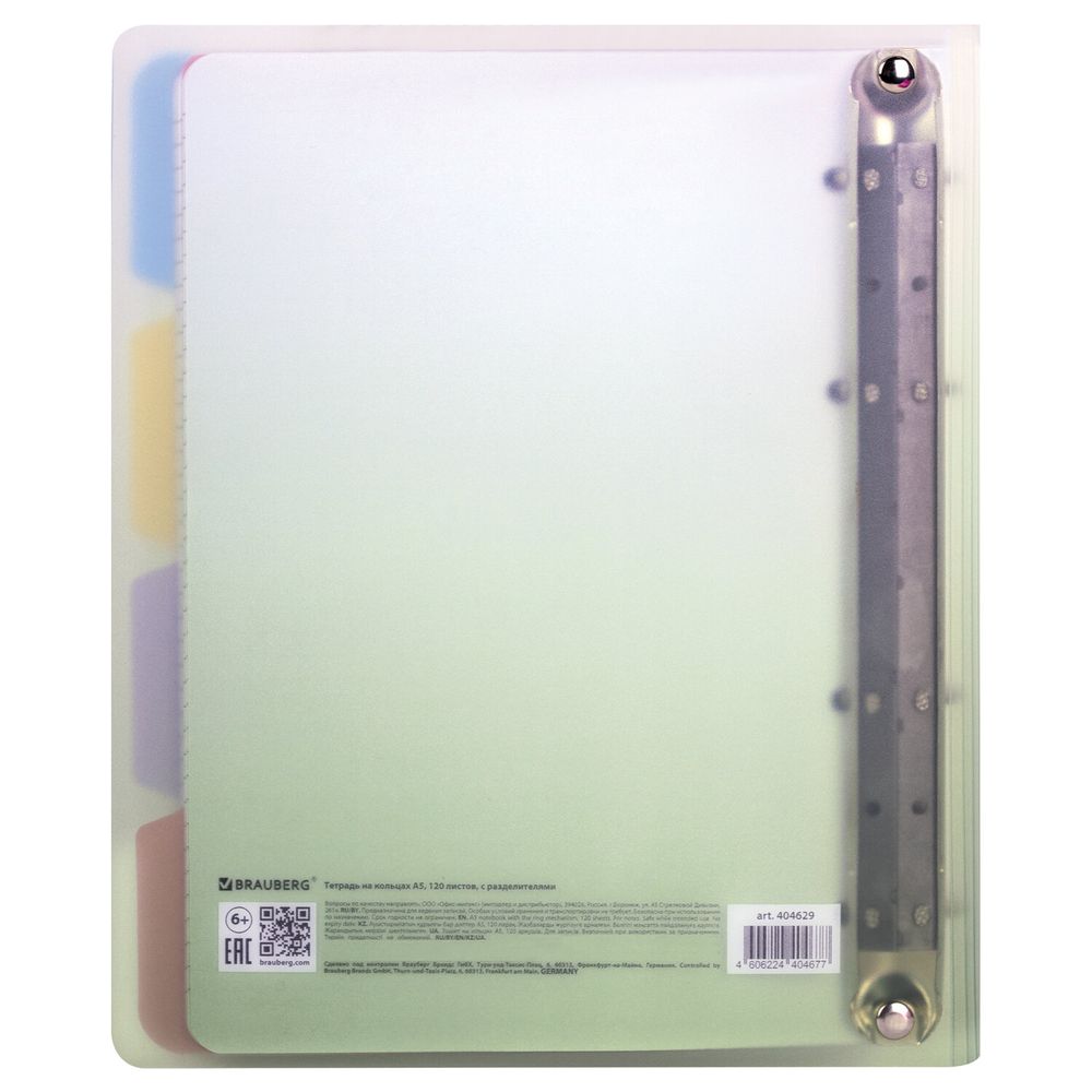 Тетрадь на кольцах А5 175х220 мм, 120 л., пластик, с разделителями, BRAUBERG, Зеленый