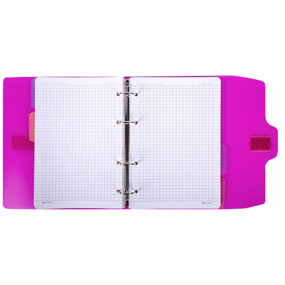 Тетрадь на кольцах А5 175х220 мм, 120 л., пластик, на липучке, с разделителями, BRAUBERG, Розовый