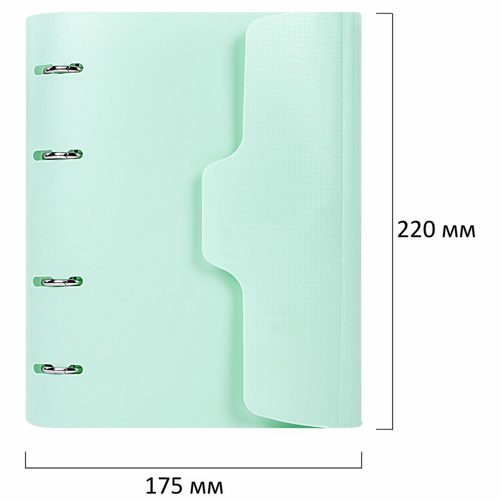 Тетрадь на кольцах А5 175х220 мм, 120 л., пластик, на липучке, с разделителями, BRAUBERG, Мятный