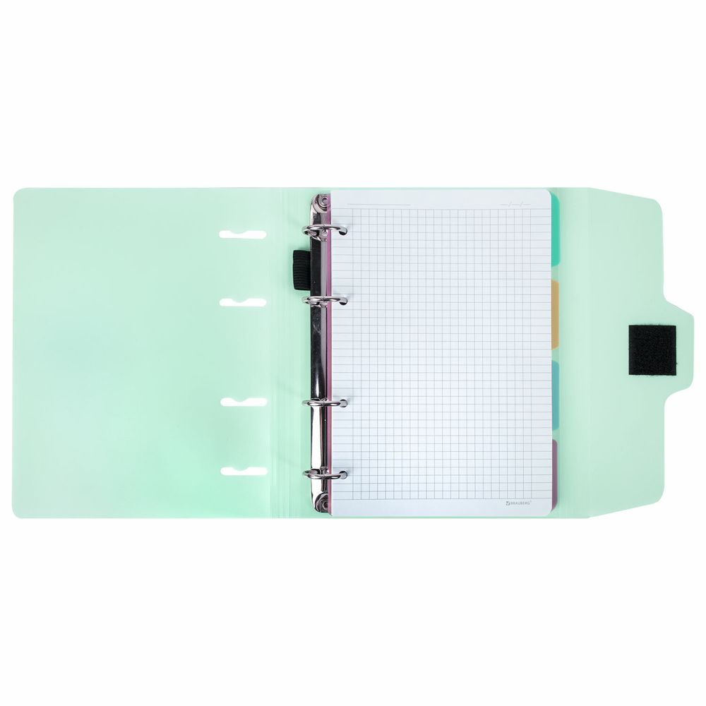 Тетрадь на кольцах А5 175х220 мм, 120 л., пластик, на липучке, с разделителями, BRAUBERG, Мятный