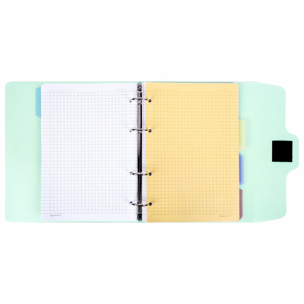 Тетрадь на кольцах А5 175х220 мм, 120 л., пластик, на липучке, с разделителями, BRAUBERG, Мятный