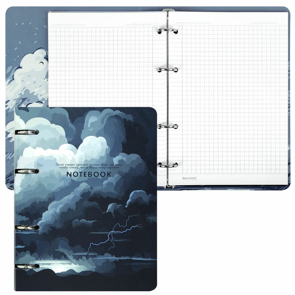 Тетрадь на кольцах А5 160х212 мм, 120 листов, картон, матовая ламинация, клетка, BRAUBERG, "Clouds"