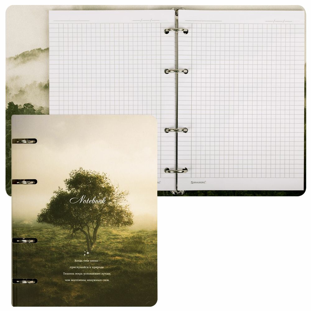 Тетрадь на кольцах А5 160х212 мм, 120 листов, картон, матовая ламинация, клетка, BRAUBERG, "Nature"