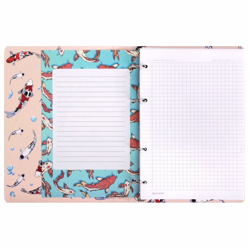 Тетрадь на кольцах А5 160х212 мм, 120 листов, картон, выборочный лак, клетка, BRAUBERG, "Карпы Кои"