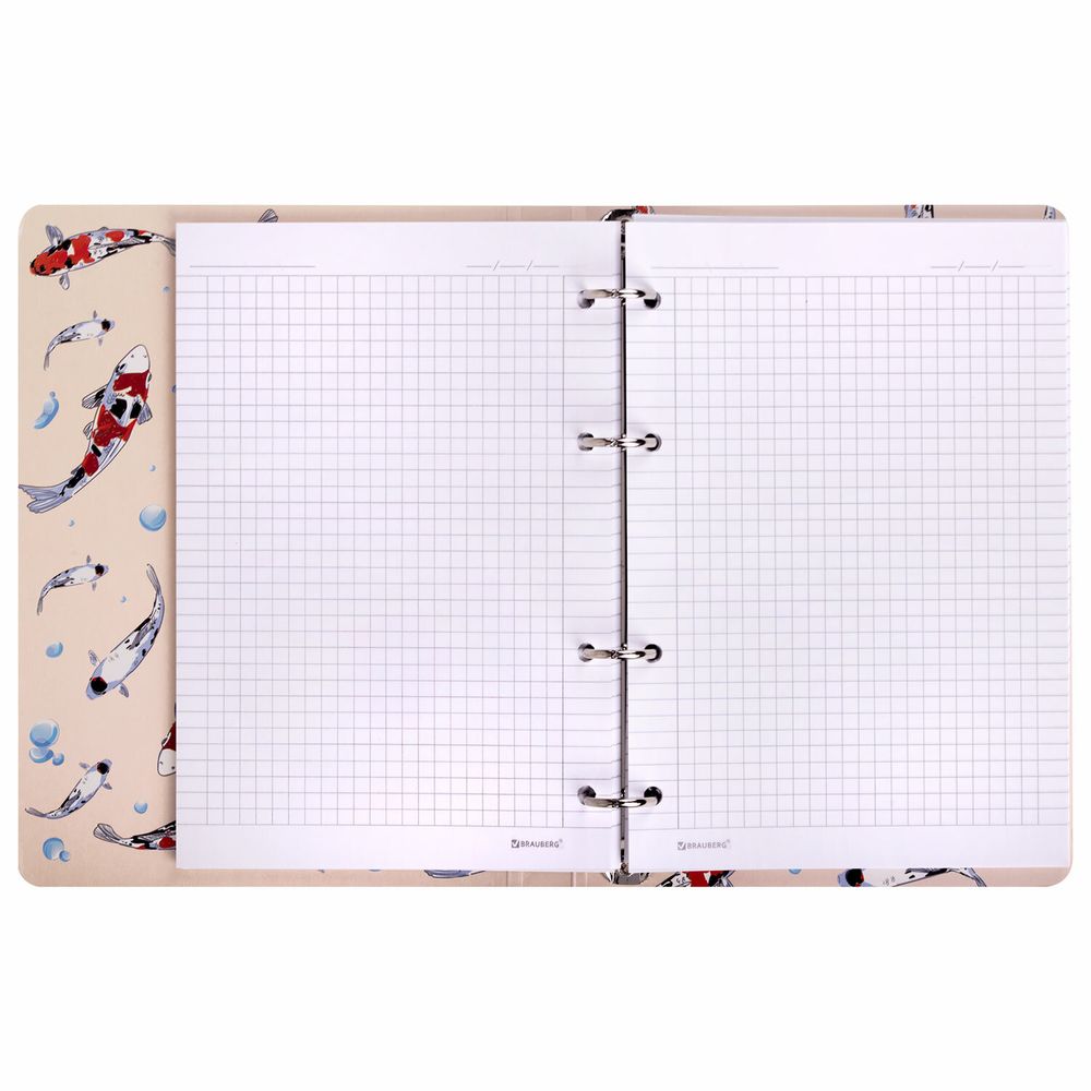Тетрадь на кольцах А5 160х212 мм, 120 листов, картон, выборочный лак, клетка, BRAUBERG, "Карпы Кои"
