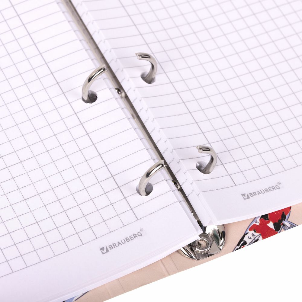 Тетрадь на кольцах А5 160х212 мм, 120 листов, картон, выборочный лак, клетка, BRAUBERG, "Карпы Кои"