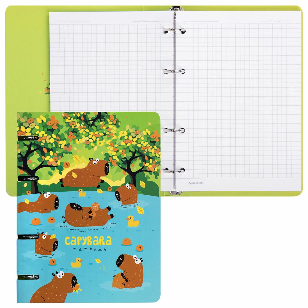 Тетрадь на кольцах А5 160х212 мм, 120 листов, картон, выборочный лак, клетка, BRAUBERG, "Капибары"