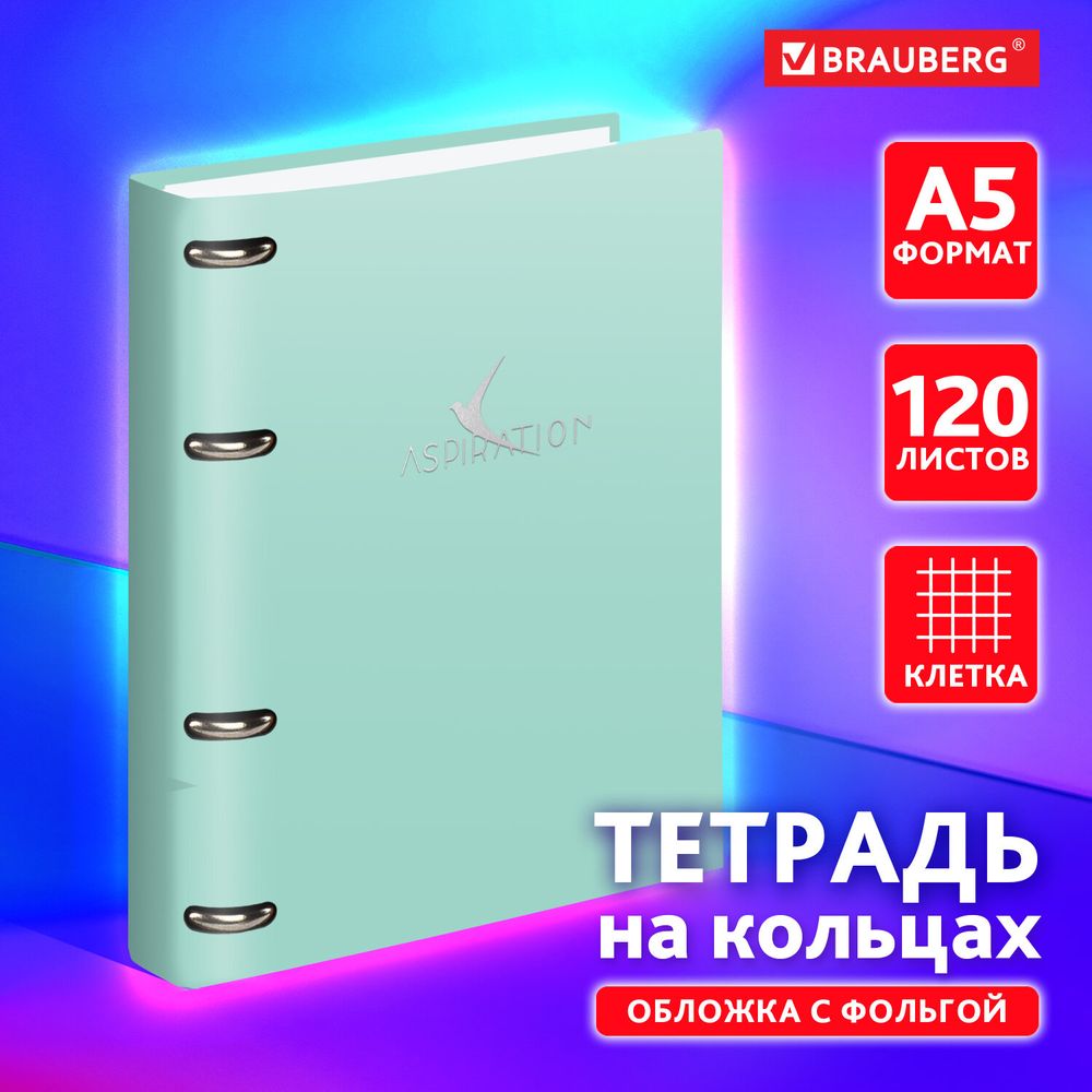 Тетрадь на кольцах А5 160х212 мм, 120 листов, картон, фольга, клетка, BRAUBERG, "Pastel"