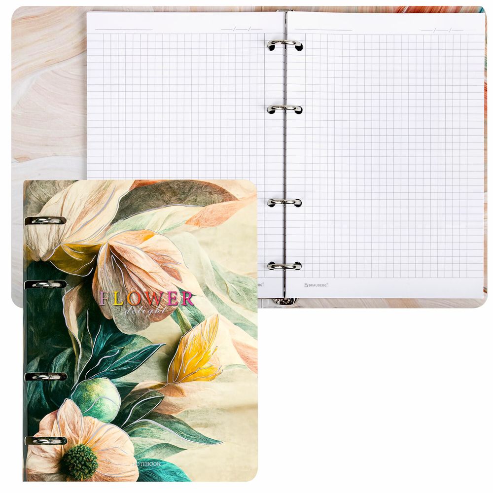 Тетрадь на кольцах А5 160х212 мм, 120 листов, картон, фольга, клетка, BRAUBERG, "Delicate flowers"