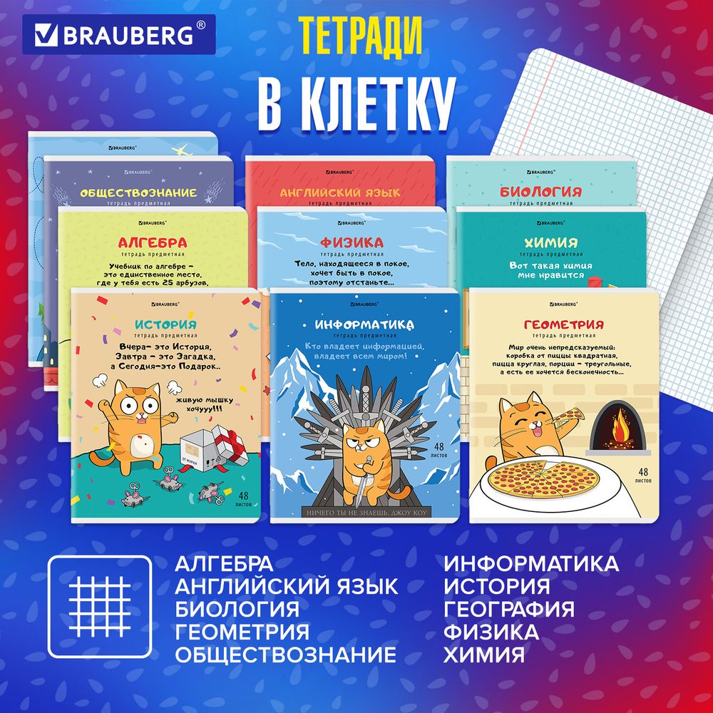 Тетради предметные, КОМПЛЕКТ 12 ПРЕДМЕТОВ, 48 л., TWIN-лак, BRAUBERG, "КОТ-ЭНТУЗИАСТ"