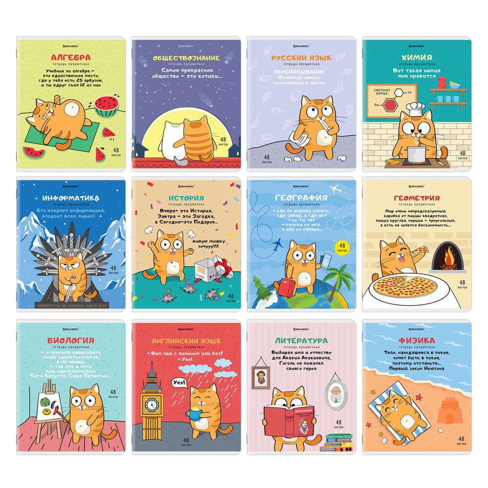 Тетради предметные, КОМПЛЕКТ 12 ПРЕДМЕТОВ, 48 л., TWIN-лак, BRAUBERG, "КОТ-ЭНТУЗИАСТ"