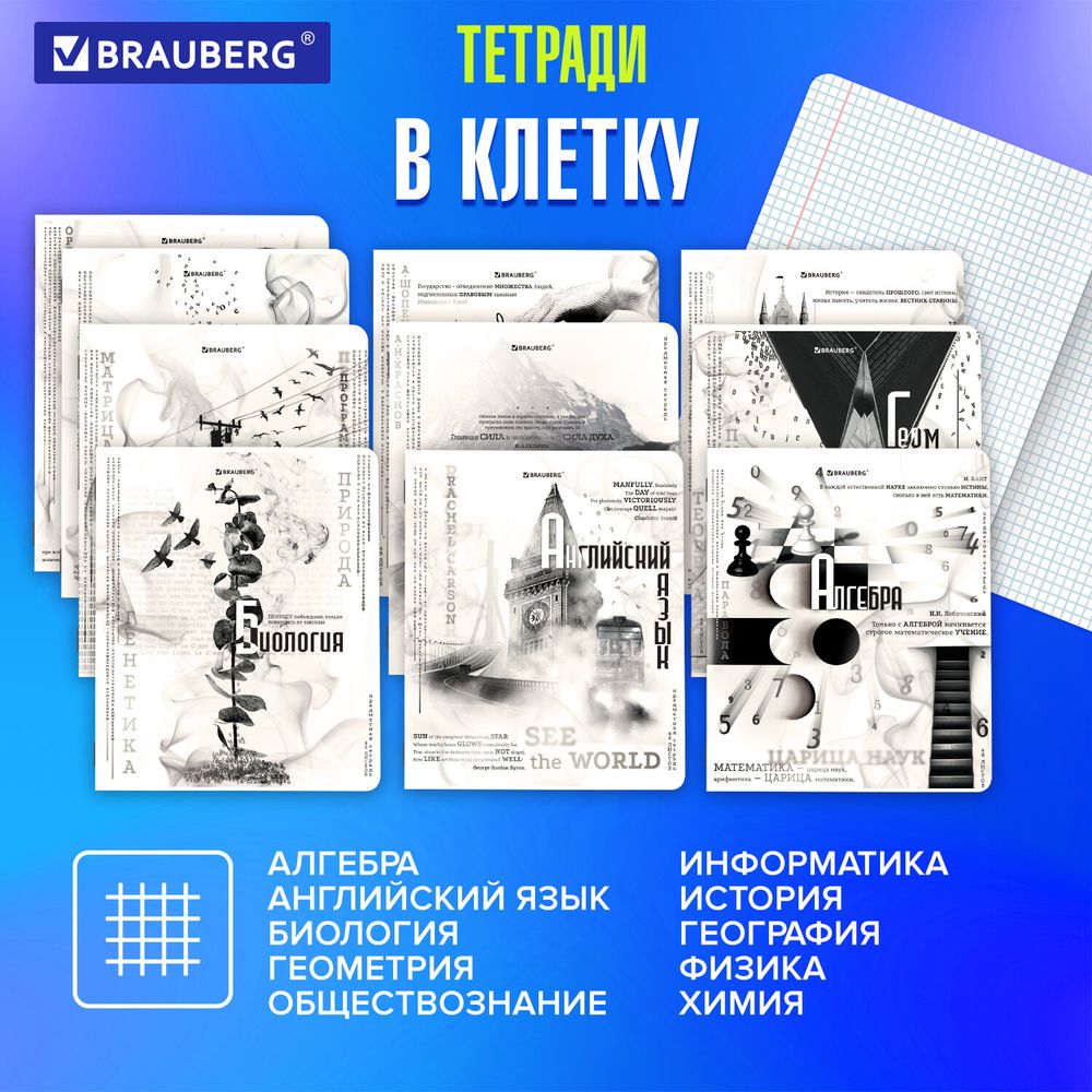Тетради предметные, КОМПЛЕКТ 12 ПРЕДМЕТОВ, 48 л., матовая ламинация, BRAUBERG, "BLACK&WHITE"
