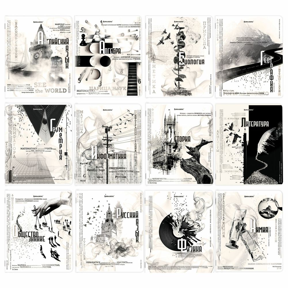 Тетради предметные, КОМПЛЕКТ 12 ПРЕДМЕТОВ, 48 л., матовая ламинация, BRAUBERG, "BLACK&WHITE"