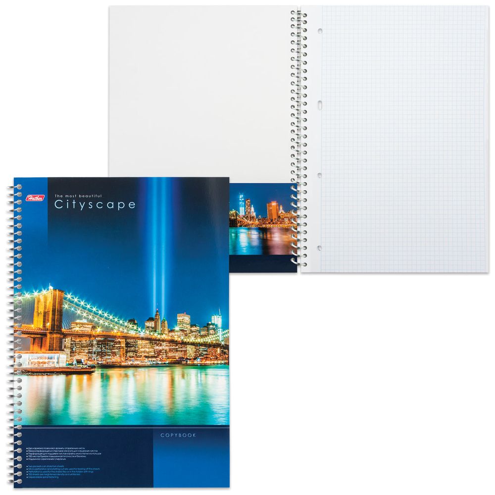 Тетрадь А4, 100 л., HATBER, спираль, клетка, глянцевый лак, карман, "CITYSCAPE" ("Город")