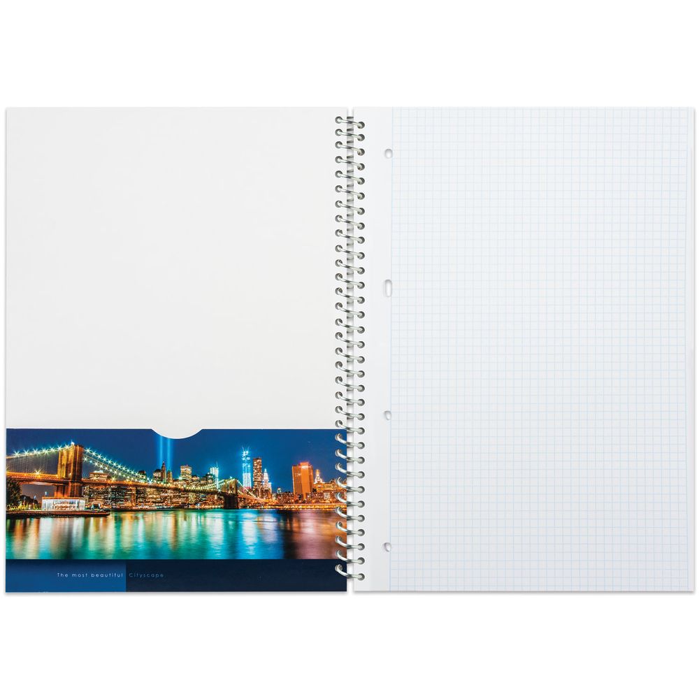 Тетрадь А4, 100 л., HATBER, спираль, клетка, глянцевый лак, карман, "CITYSCAPE" ("Город")
