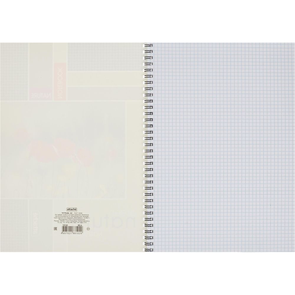Тетрадь 60л, А4, клетка, спираль, Attache Nature