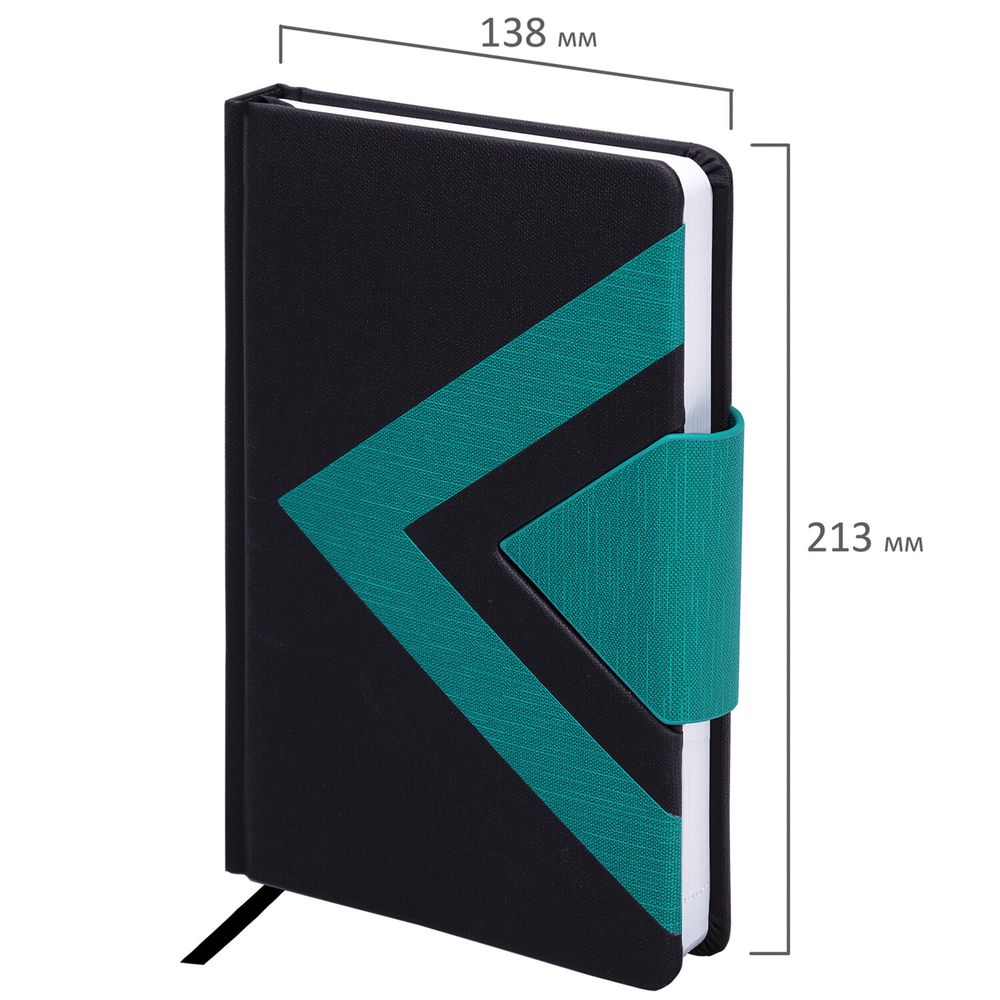 Ежедневник недатированный А5 138x213 мм BRAUBERG "Waves", под кожу, застежка, 160 л., черный/бирюзовый