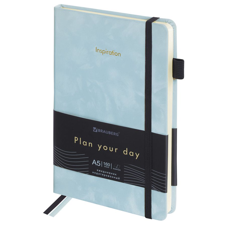 Ежедневник недатированный А5 138x213 мм, BRAUBERG "Velvet", резинка, держатель, 160 л., серо-голубой