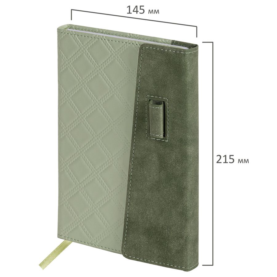 Ежедневник недатированный А5 145х215 мм, BRAUBERG "Stitch", под кожу, магнит, 160 л., оливковый