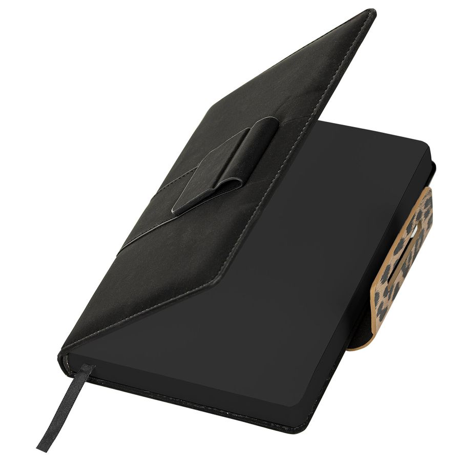 Ежедневник недатированный А5 138х213 мм, BRAUBERG "Safari", под кожу, магнит, 160 л., Leopard, черный