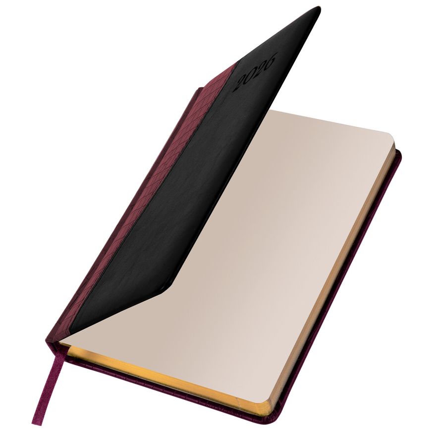 Ежедневник датированный 2026, А5, 138x213 мм, BRAUBERG "Cayman", под кожу, бордовый/черный