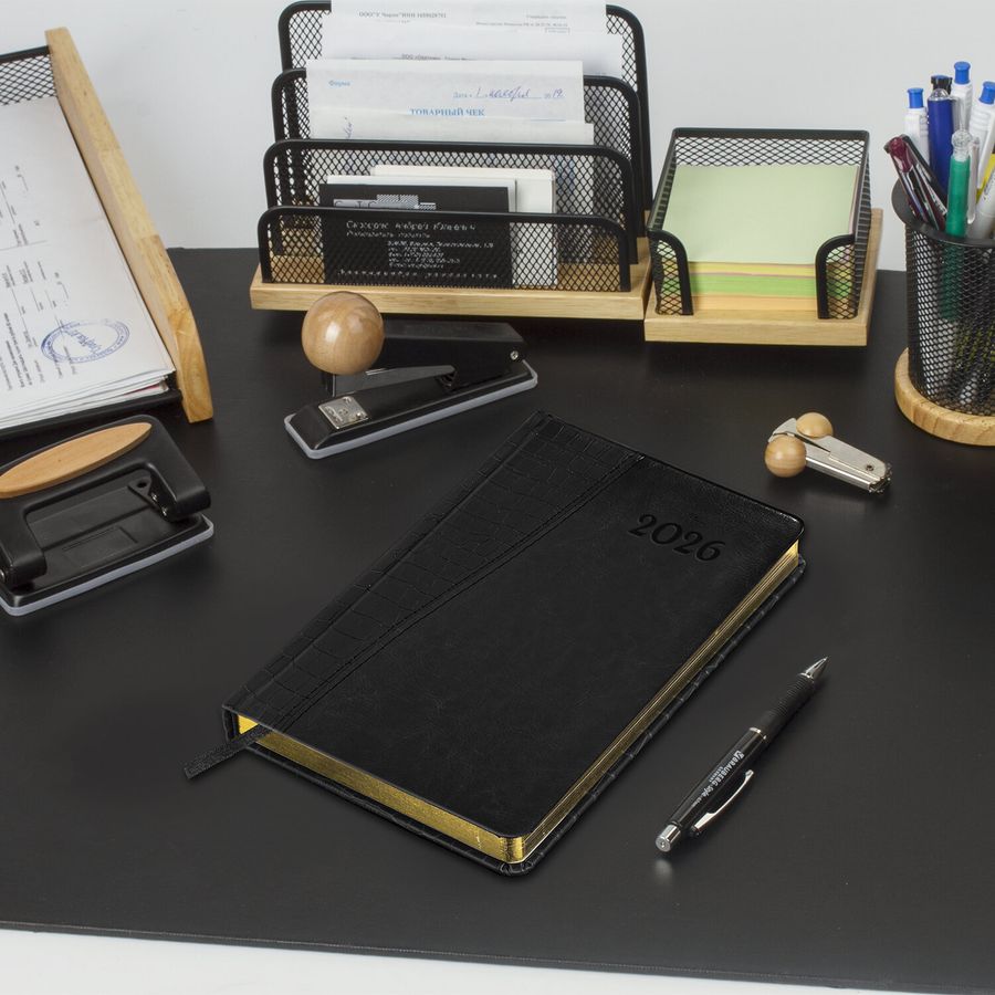 Ежедневник датированный 2026, А5, 138x213 мм, BRAUBERG "Cayman", под кожу, черный