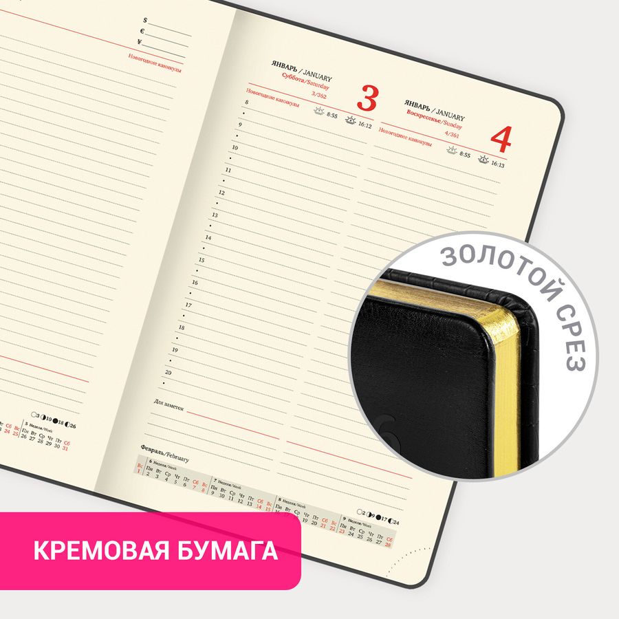 Ежедневник датированный 2026, А5, 138x213 мм, BRAUBERG "Cayman", под кожу, черный