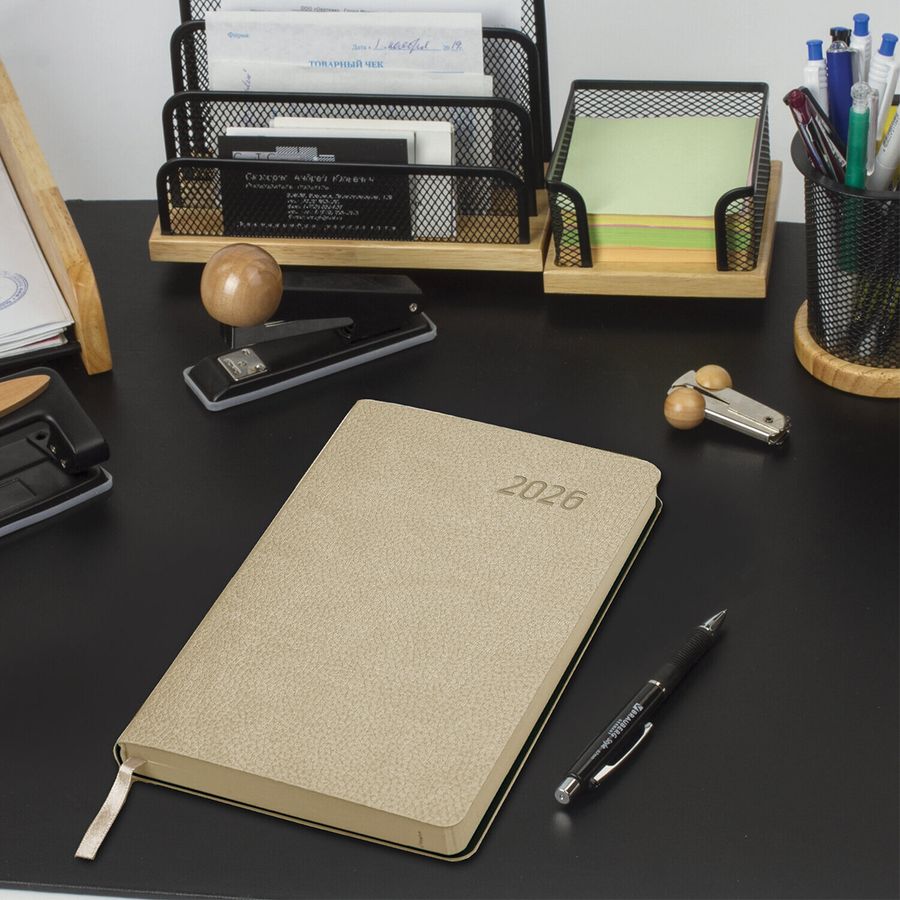 Ежедневник датированный 2026 А5 138x213 мм, BRAUBERG "Stylish", под кожу, гибкий, бежевый