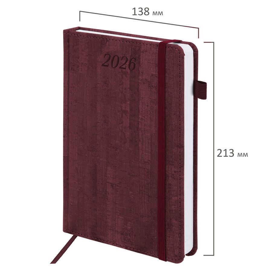 Ежедневник датированный 2026 А5 138x213 мм, BRAUBERG "Wood", под кожу, держатель для ручки, бордо