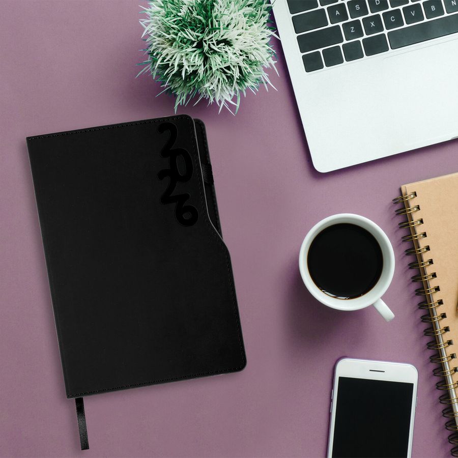 Ежедневник датированный 2026, А5, 150x213 мм, BRAUBERG "Up", под кожу, софт-тач, держатель для ручки, черный