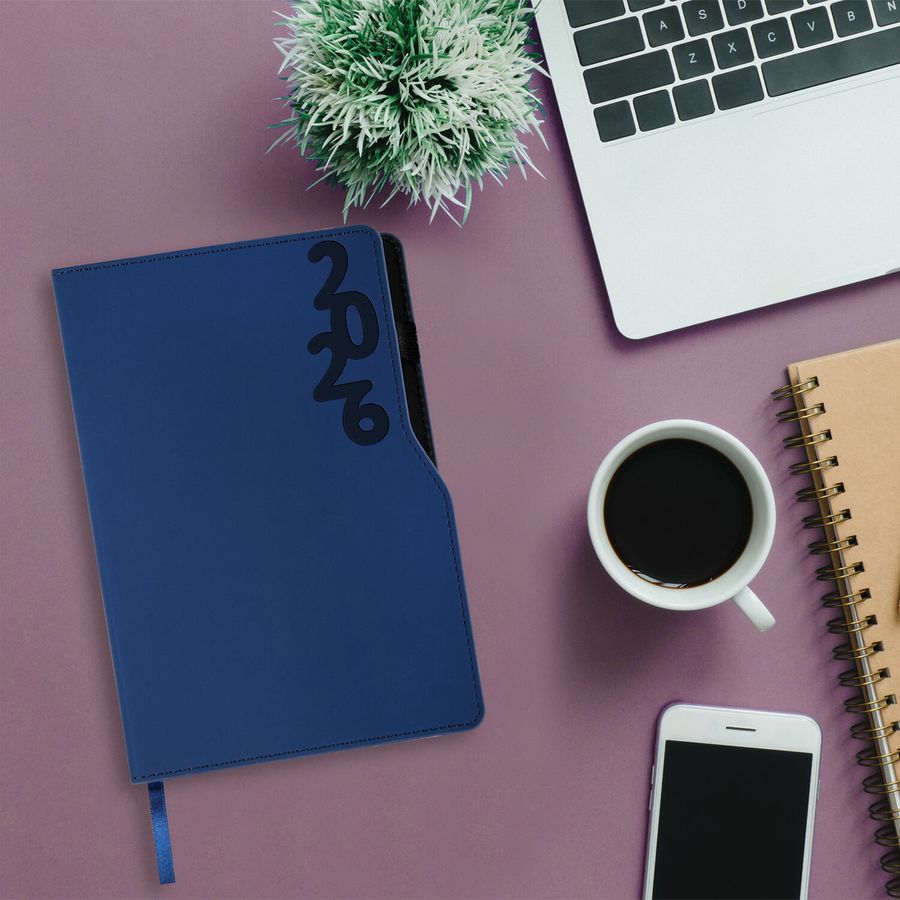 Ежедневник датированный 2026, А5, 150x213 мм, BRAUBERG "Up", под кожу, софт-тач, держатель для ручки, синий