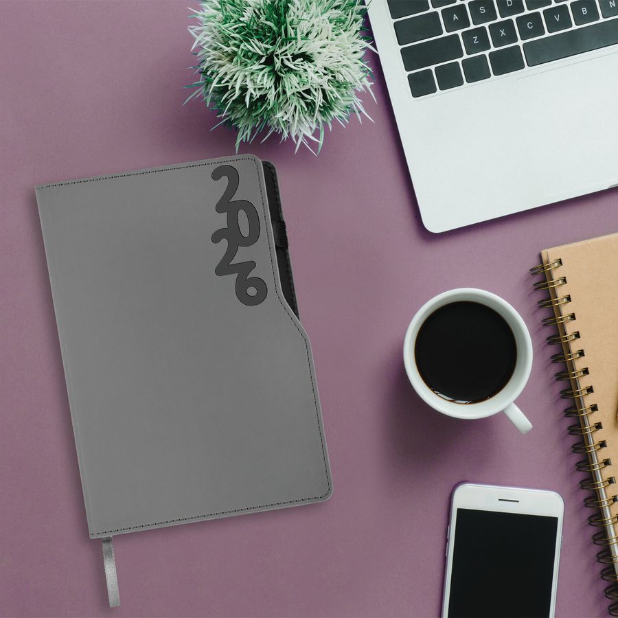 Ежедневник датированный 2026, А5, 150x213 мм, BRAUBERG "Up", под кожу, софт-тач, держатель для ручки, серый