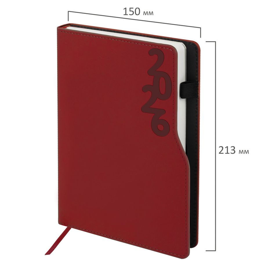 Ежедневник датированный 2026, А5, 150x213 мм, BRAUBERG "Up", под кожу, софт-тач, держатель для ручки, красный