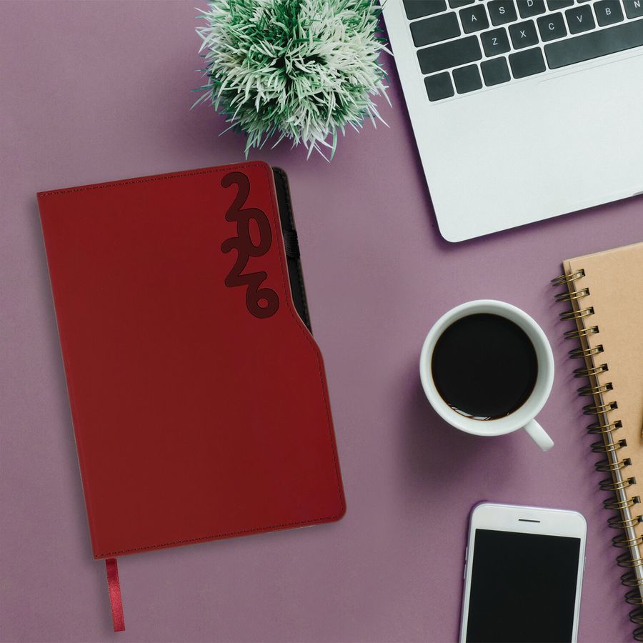 Ежедневник датированный 2026, А5, 150x213 мм, BRAUBERG "Up", под кожу, софт-тач, держатель для ручки, красный