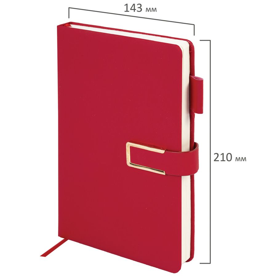 Ежедневник недатированный А5 143х210мм BRAUBERG Deluxe, под кожу, магнит 160л, красный