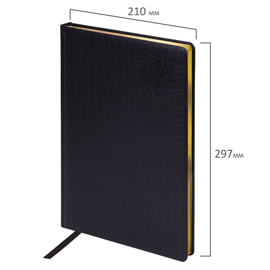 Ежедневник датированный 2026 БОЛЬШОЙ ФОРМАТ 210х297мм А4, BRAUBERG Comodo, под кожу, черный