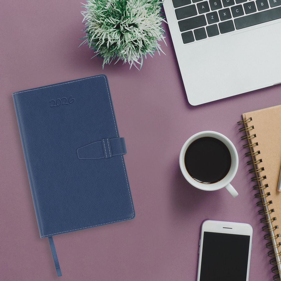 Ежедневник датированный 2026, А5, 143х218 мм, BRAUBERG "Journal", под кожу, застежка, держатель для ручки, органайзер, синий