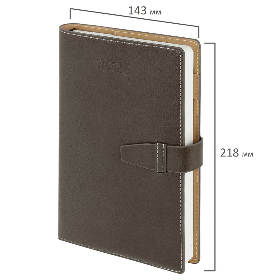 Ежедневник датированный 2026, А5, 143х218 мм, BRAUBERG "Journal", под кожу, застежка, держатель для ручки, органайзер, серый