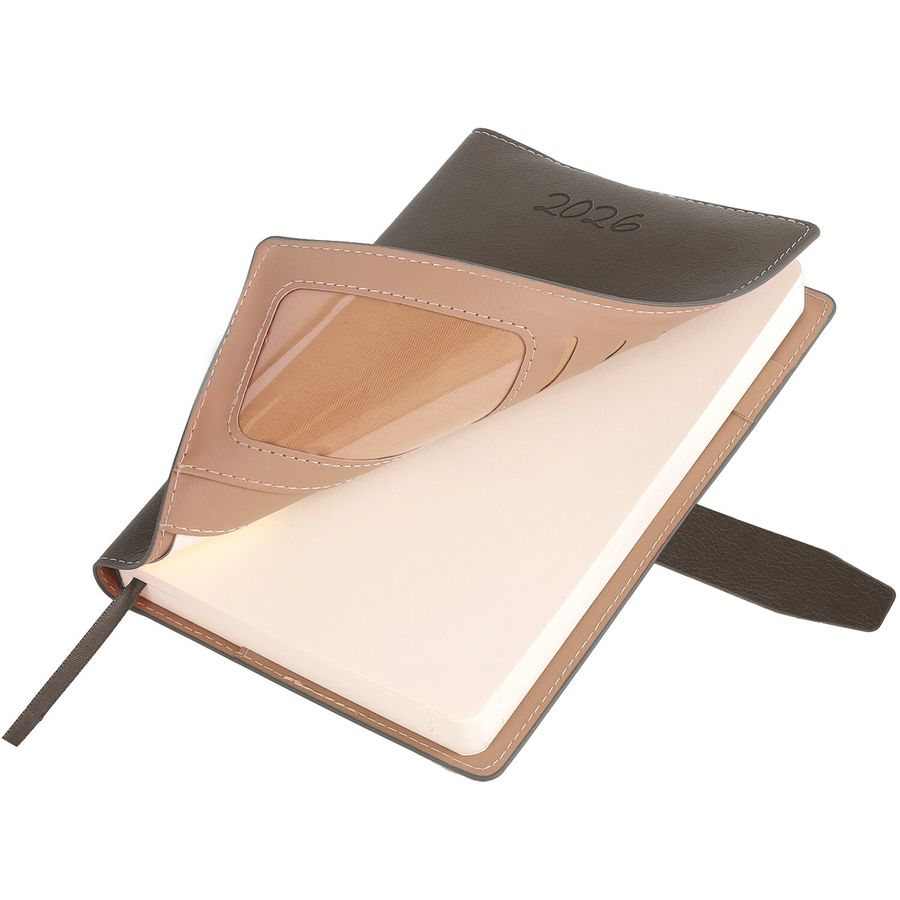 Ежедневник датированный 2026, А5, 143х218 мм, BRAUBERG "Journal", под кожу, застежка, держатель для ручки, органайзер, серый