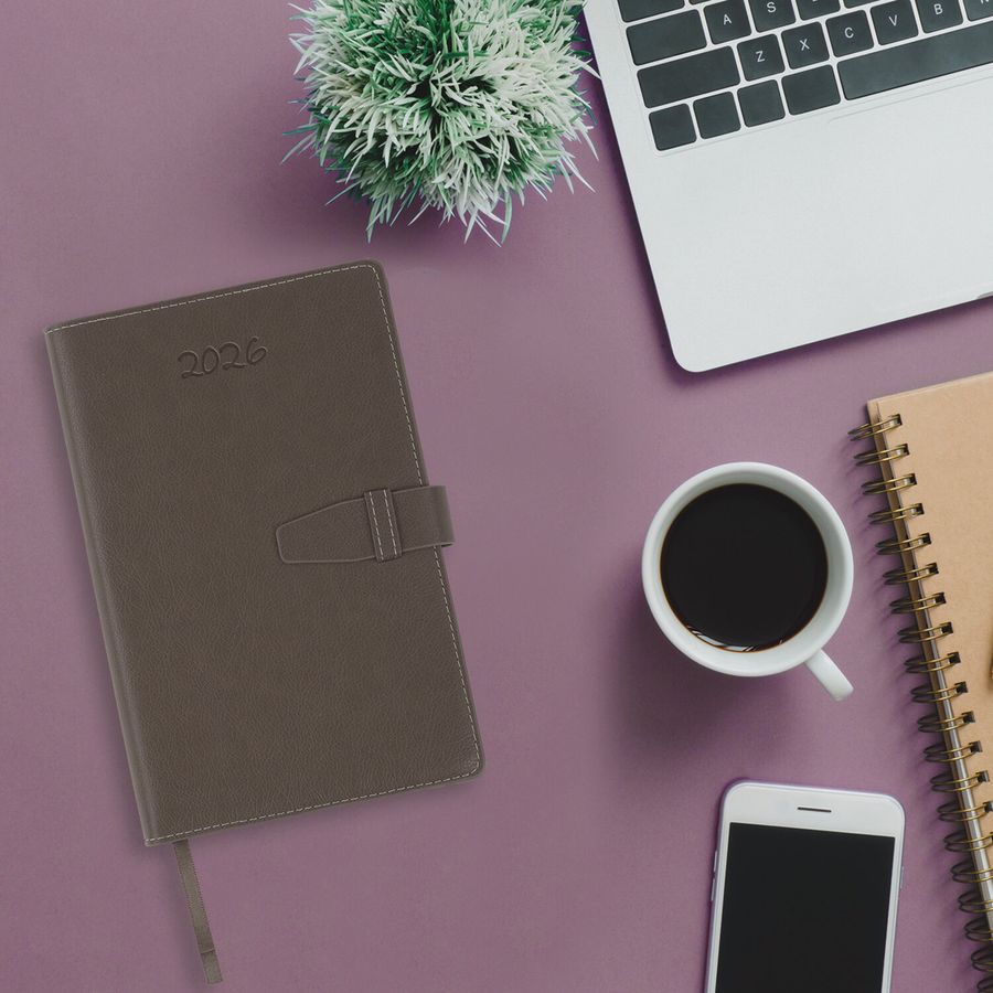 Ежедневник датированный 2026, А5, 143х218 мм, BRAUBERG "Journal", под кожу, застежка, держатель для ручки, органайзер, серый